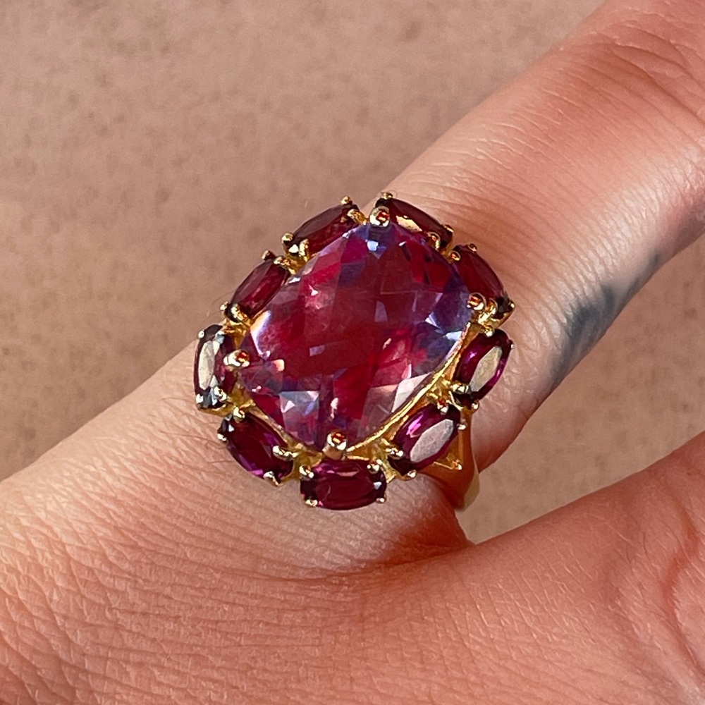 stunning amethyst and rhodolite cocktail ring